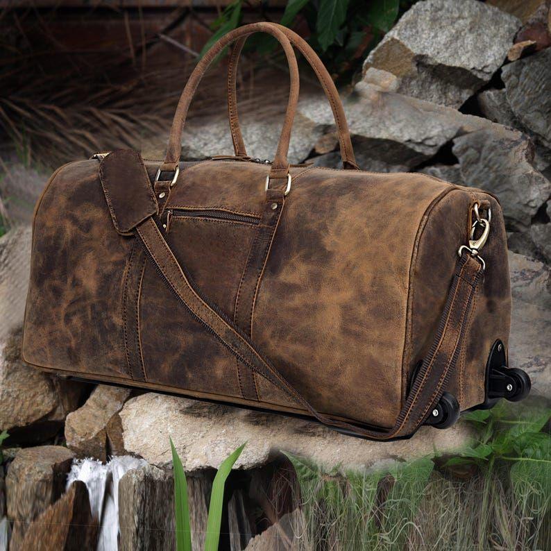 Leather Trolley Duffle bag Genuine Handmade Leather Rolling Travel Duffel Men Leather Overnight Weekender Duffel Personalized Gift Bag