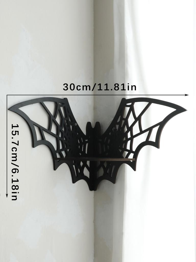 Halloween Black Wooden Wall Shelf Gothic Bat Moon Hollow Pattern Floating Shelf Crystal Holder Witch Room Decor Goth Home Decor