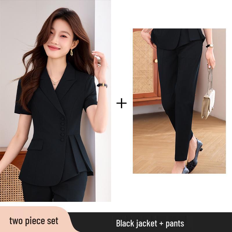 Gray Women's Short-Sleeved Suit Set: Summer Petite Professional Formal Wear for Jewelry Store Managers and Beauty Salon Workwear