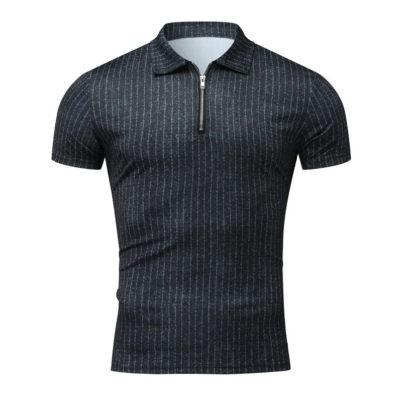 Summer Casual Slim Fit Short Sleeved Striped Zipper Lapel T-shirt Top Polo Shirt