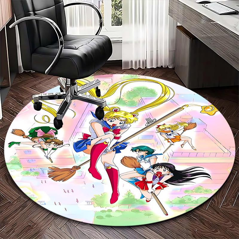 1pc Sailor Moon Anime Round Carpet Office Chair Mat, NonSlip Rug for Home Decor, Seasonal Gift, Suitable for Office, Living Room