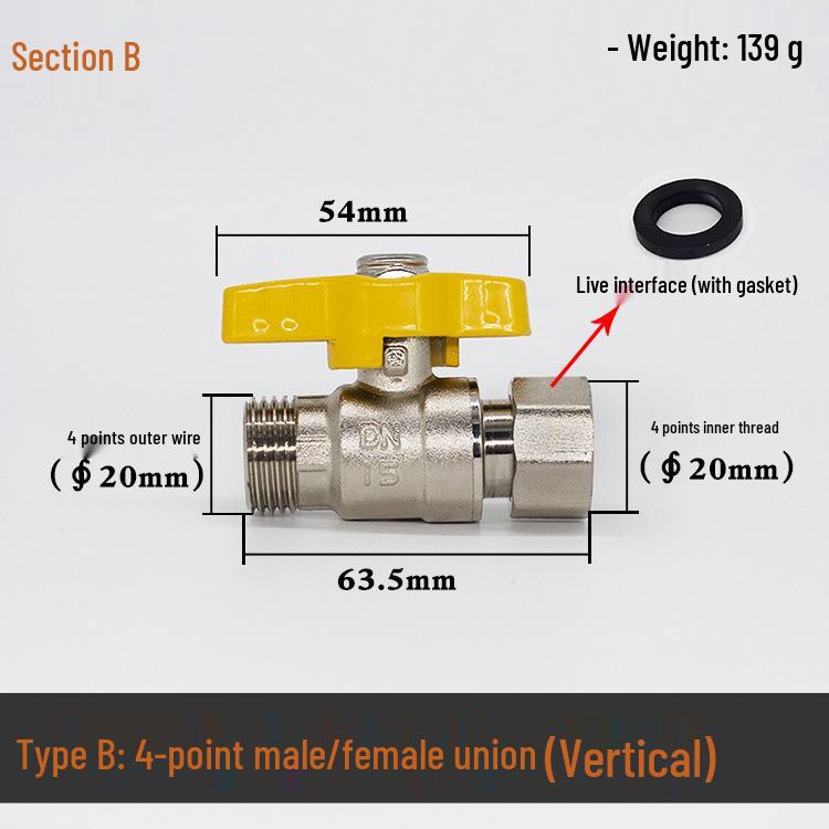 Brass Gas Valve: 4-Point Household Threaded, 6-Point Floor Heating Boiler Ball Valve, Wall-Hung Angle Valve