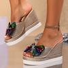 Women's Summer Wedge Platform Peep-Toe Slide Sandals With Sequined Bow Detail, Available In Large Sizes.