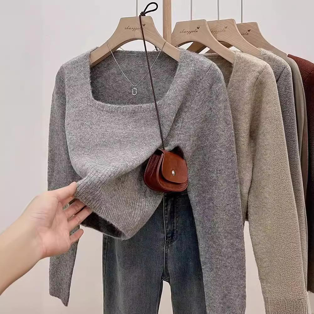 Verdickter Strickpullover mit quadratischem Ausschnitt für Damen Herbst- und Winter-Temperament Pullover mit Innenfutter Top