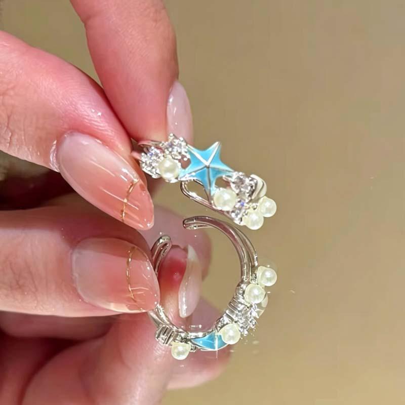 Sea Salt Milk ~ Blue Starfish Shell Ring, Women's Seaside Vacation Style, Stackable Niche Design, Index Finger Ring