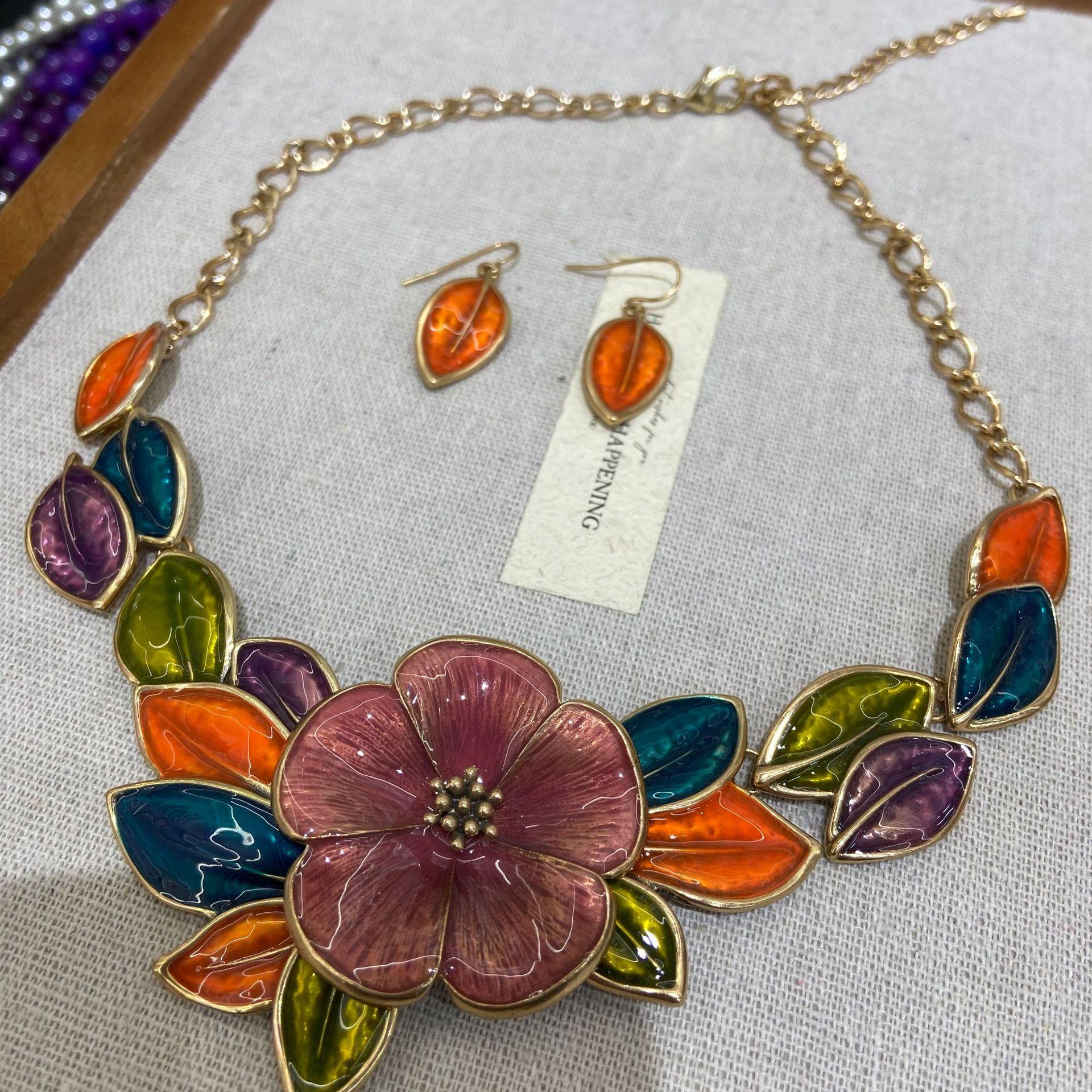

Enamel Gardenia Necklace Leaf Ear Hook Medieval Vintage Earrings Court Style Retro Ear Literary Retro