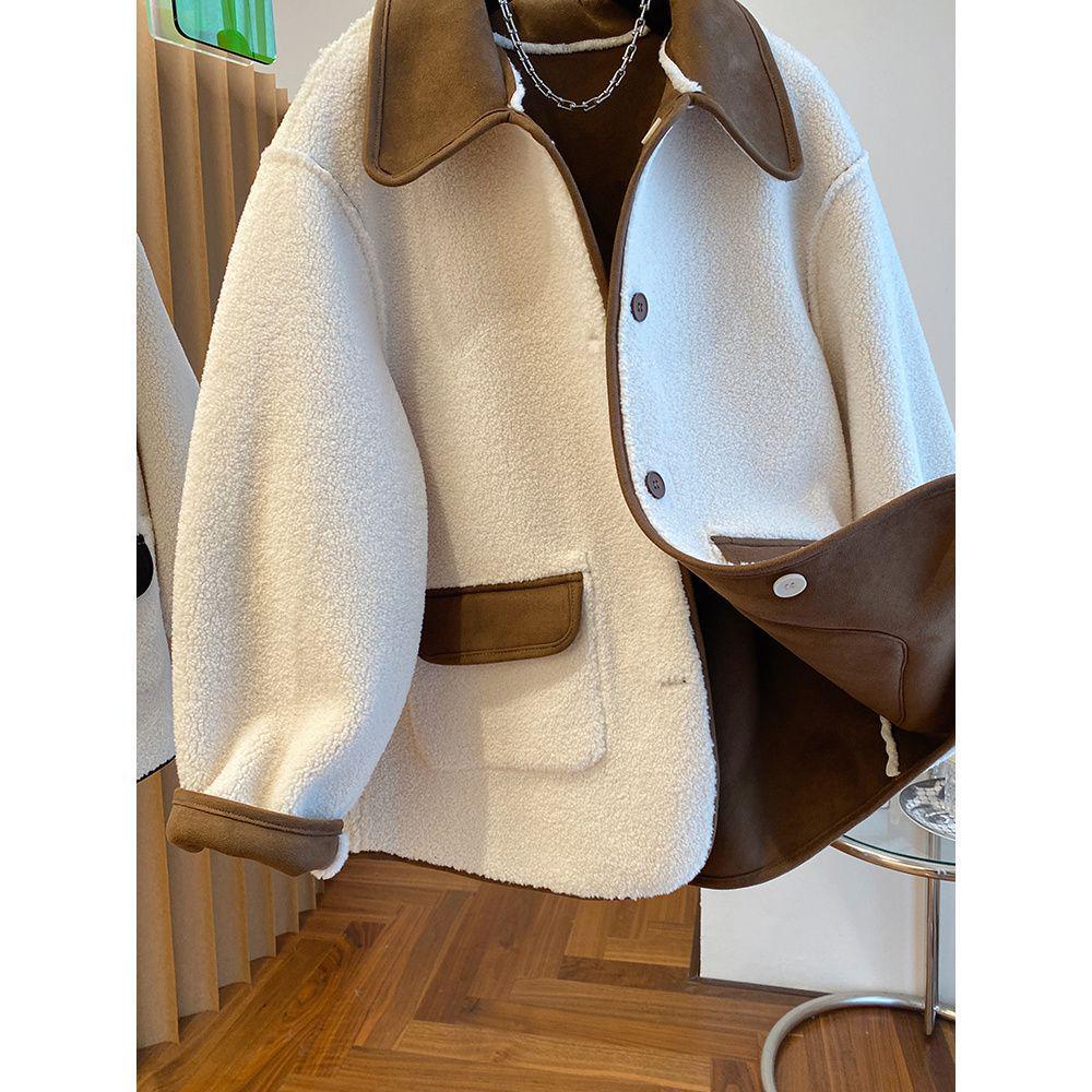 Plus Size Korean Style Reversible Lambswool Coat for Women, High-End Niche, Loose Fit, Lapel, Autumn/Winter