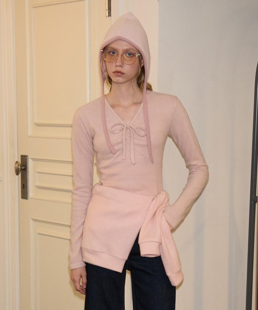 SALON DE YOHN V-Neck Ribbon Shirring Knit_ Pink