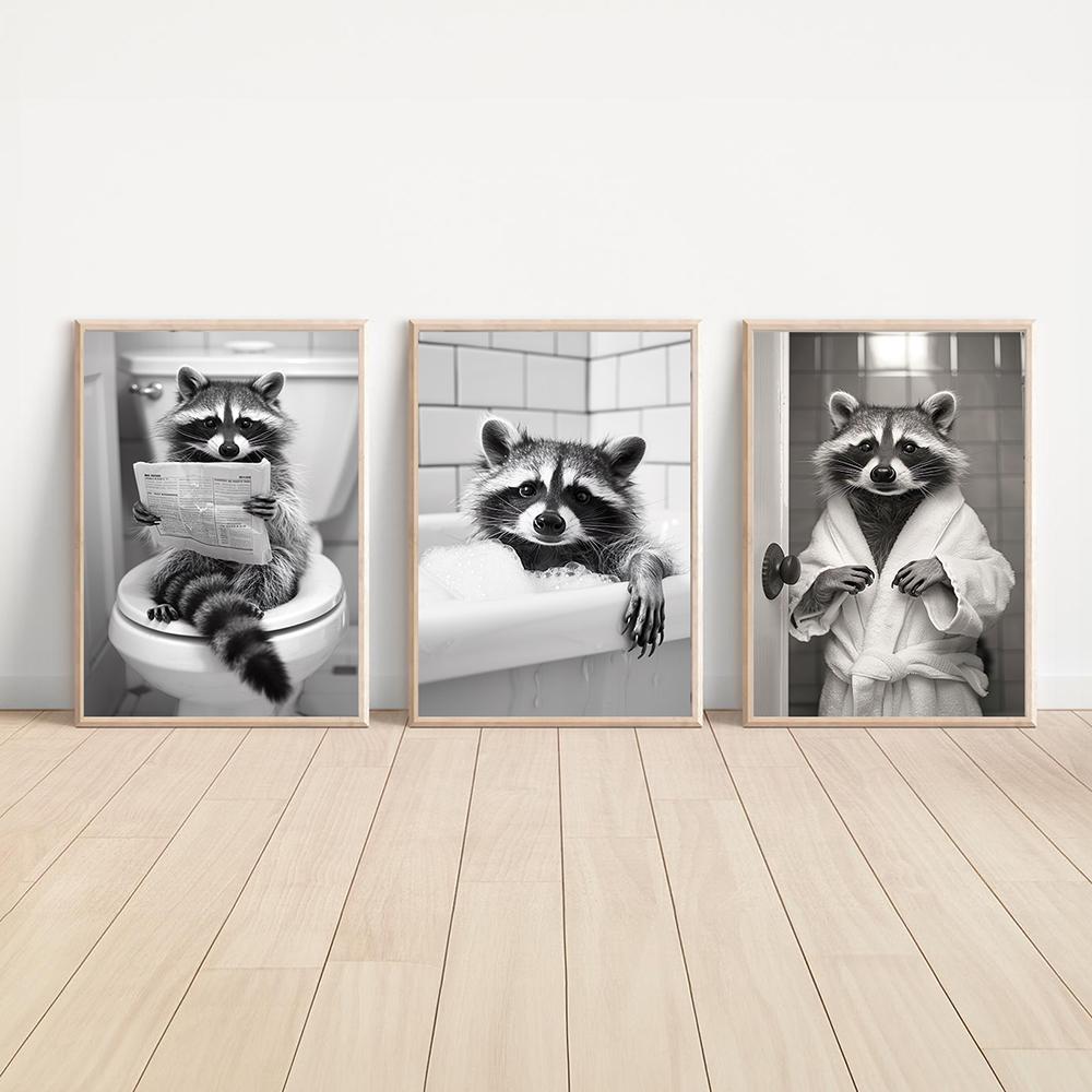 Guaxinim fofo sentado no vaso sanitário escovando os dentes e papel na cabeça pintura em tela pintura divertida banheiro tela fotos decoração