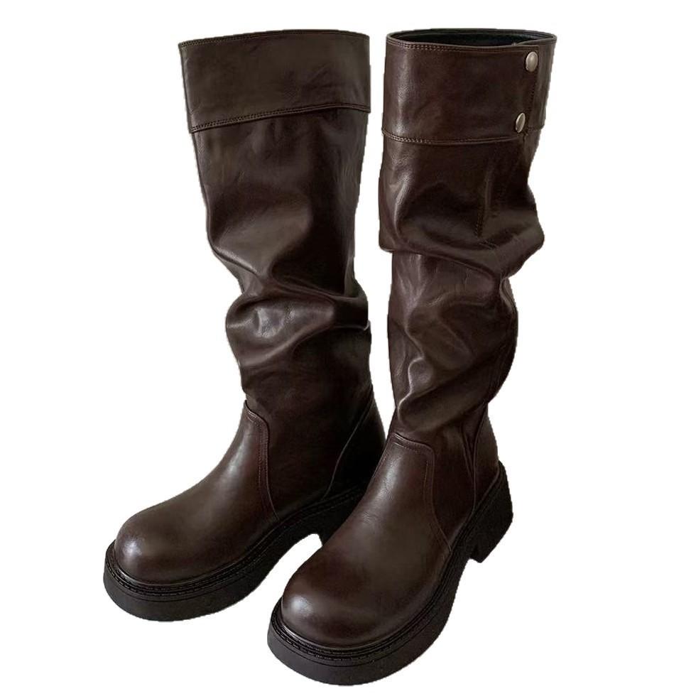 

Cowhide version~ French retro 5cm height increase~ three-dimensional round head thick sole thick heel snap button knight boots women s autumn and w 40 коричневый