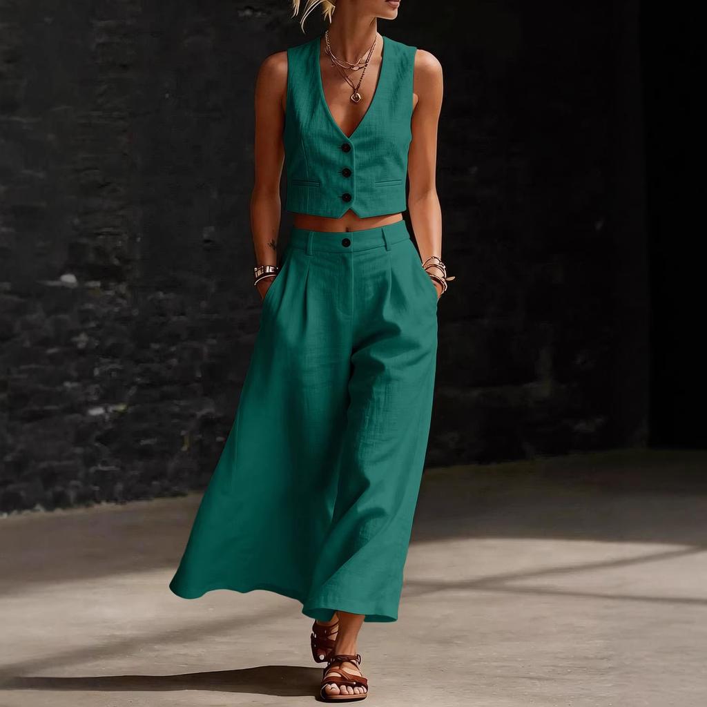 Completo Due Pezzi da Donna Vestibilità Larga Canotta Senza Maniche Scollo a V Pantaloni a Gamba Larga Vita Alta