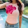 Ladies Summer Short Sleeve O Neck Flower Ptinted Pullover T Shirt Crop Top