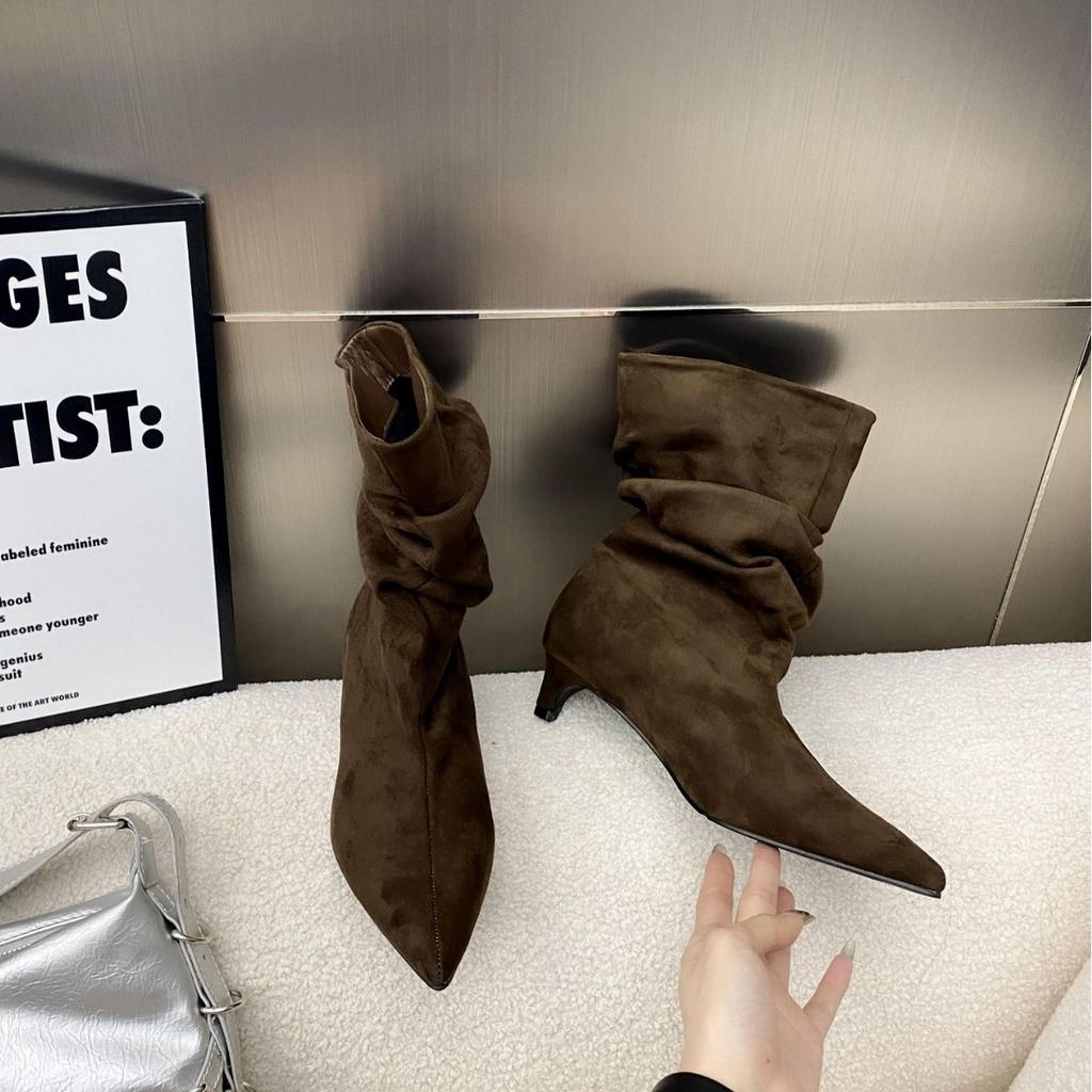 2025 Autumn New Pointed Pleated Low Tube Thin Fashion Martin Chelsea Women's Short Boots