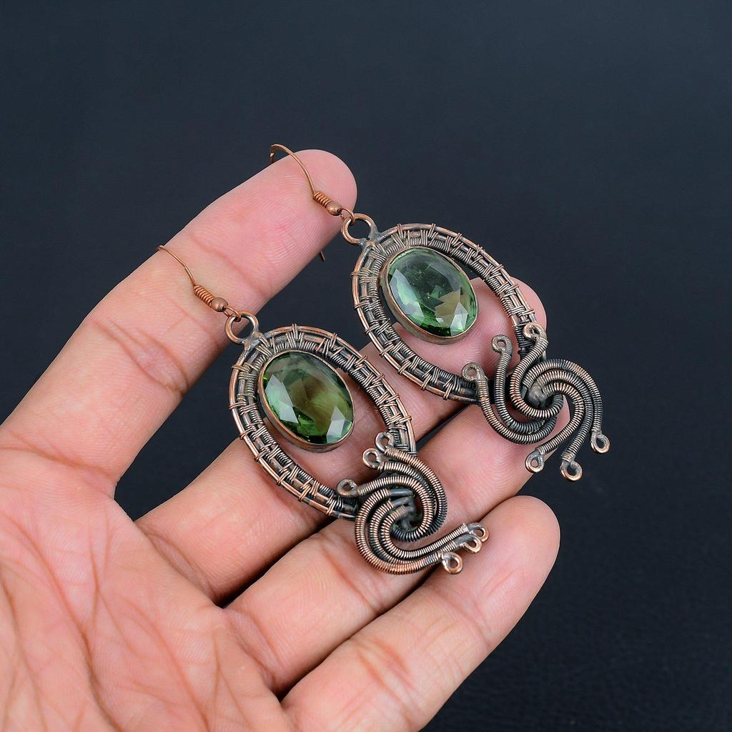 Green Amethyst Gemstone Earrings, 999 Copper Wire Wrapped Earrings, Handmade Antique Jewelry, Gift For Mother Day