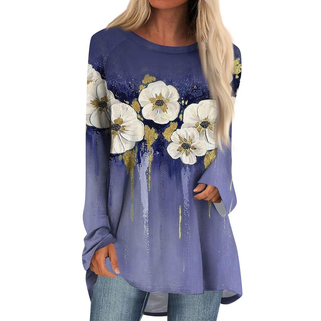 Women's Fashion Casual Long Sleeve  Print Round Neck Pullover Top Blouse