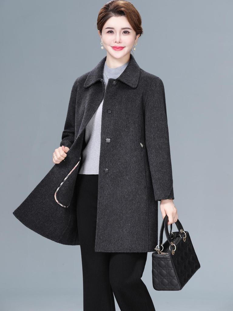 Women's Plus Size Mid-Length Wool Coat - Double-Sided, Fashionable Autumn/Winter Outerwear for Middle-Aged and Elderly