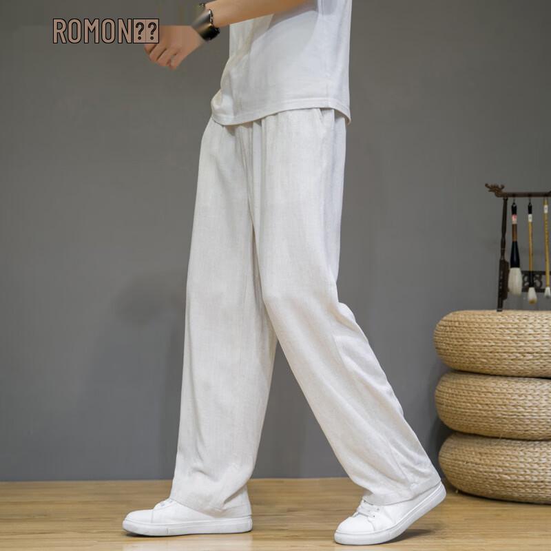 ROMON Men's Chinese Style Linen Blend Casual Straight-Leg Pants