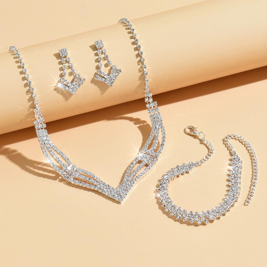 Set Earrings Zircon Bracelet Jewelry Bridal Full Diamond Rhinestone Clavicle Dinner Accessories Women'S Jewelry Necklace