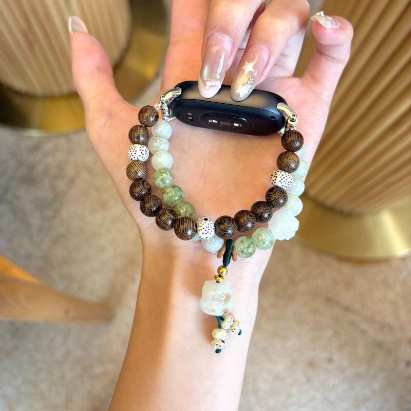 New Chinese Style Beaded Bracelet Watch Strap for Xiaomi Band 10, Premium Replacement Wristband, Green Grape Milk Tea Design