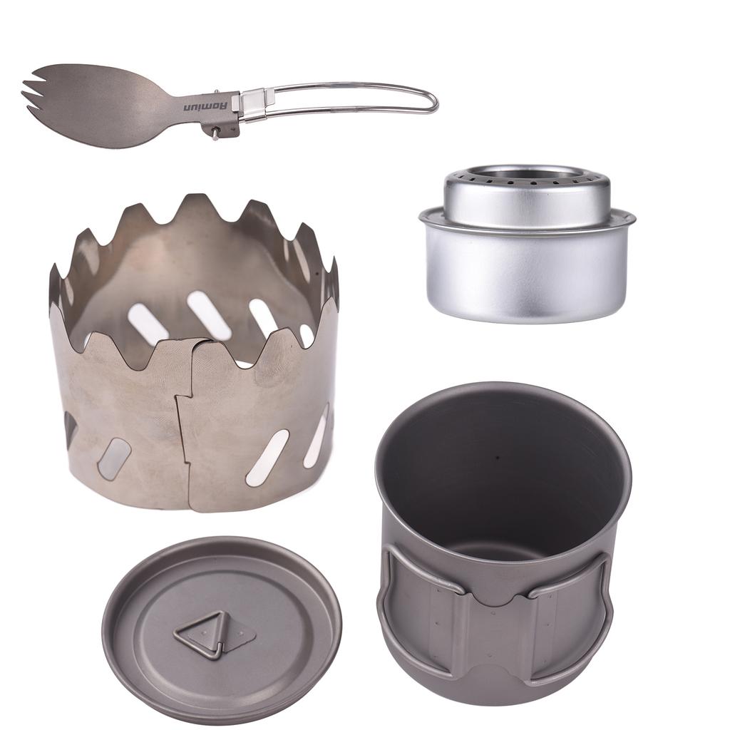 Camping Kochset Ti 500ml Tasse Gabel Löffel Spirituskocher Windschutz Tragbare Camping Kochsets für