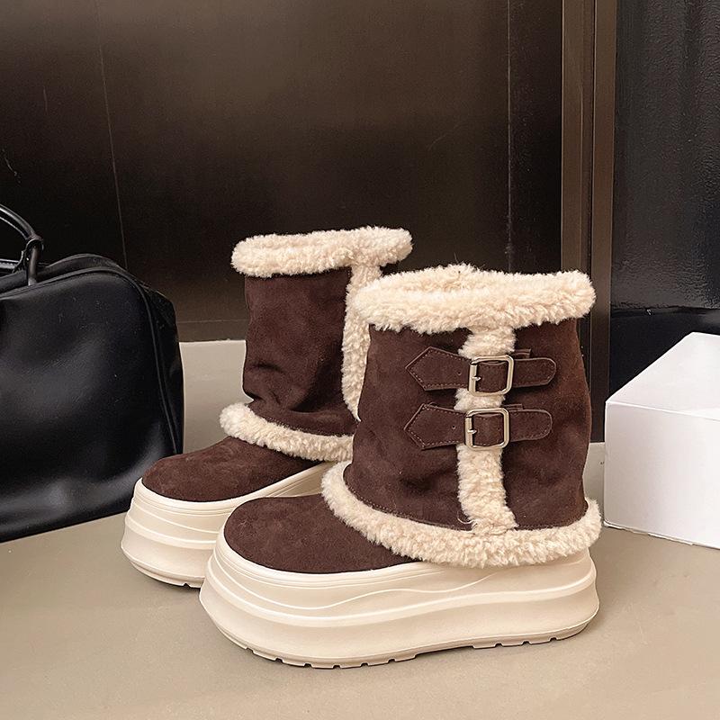 

Женские легкие зимние утепленные сноубутсы на толстой подошве, комбинация кожи и меха, нескользящие, прочные, повседневные, спортивные, хлопковые ботинки, меховые ботинки 40 коричневый