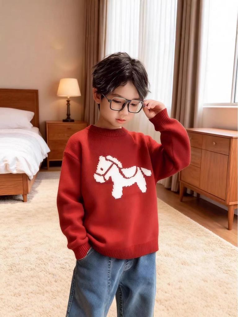 Trendy Cartoon Horse Jacquard Knitwear for Kids: 2026 Winter Parent-Child Sweater