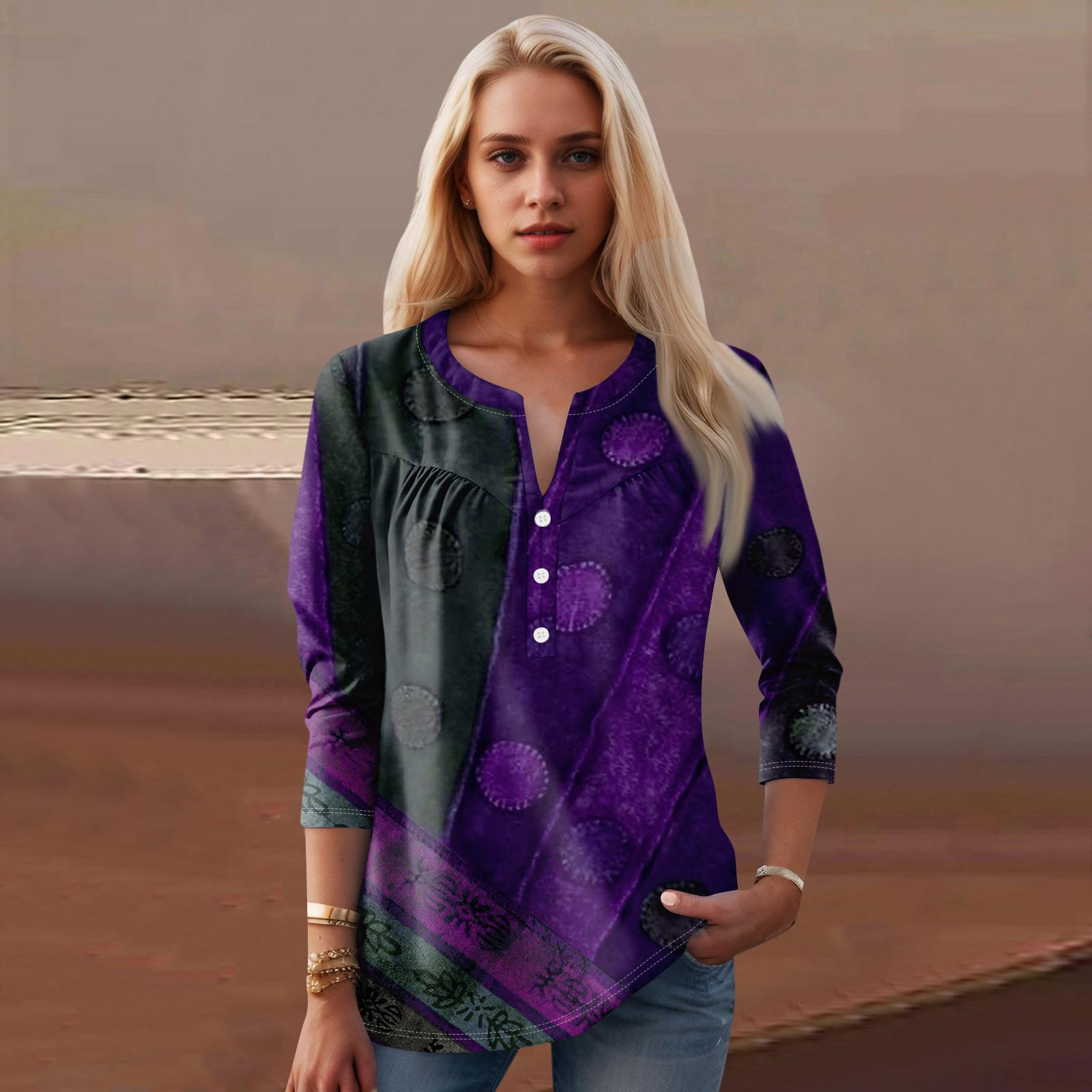 

Женская мода повседневный топ с длинным рукавом и круглым вырезом с цветочным принтом XXL темно-фиолетового