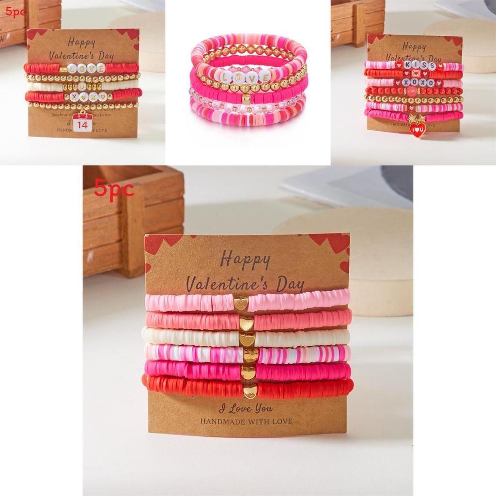 Love Heart Soft Clay Bracelets Set For Women With Pink Acrylic Letter Beads Hand Jewelry Gift