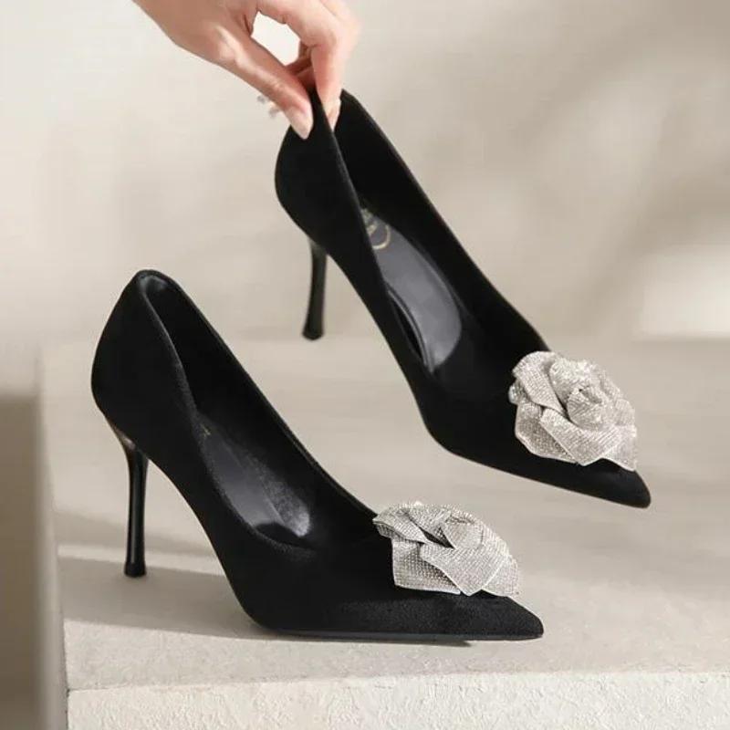Fashion Elegant Rhinestone Flowers Decorated Brand High Heels Women High Quality Satin Pointed Toe Slide Sandal Fashion Party Dress Shoe