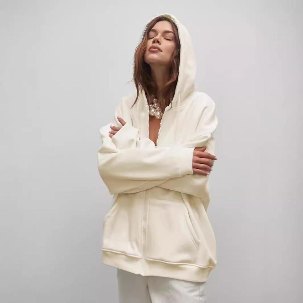New Solid-color Loose Hooded Zipper Cardigan Hoodie for Autumn and Winter