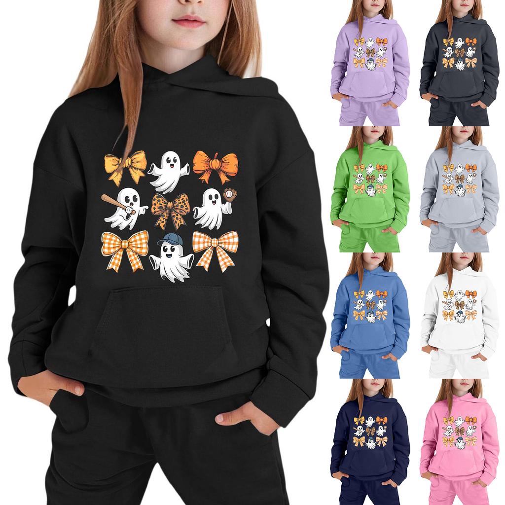 Kids Halloween Hoodie with Ghost and Bow Graphic Print Pullover Sweatshirt Lightweight Long Sleeve Top for Boys and Girls