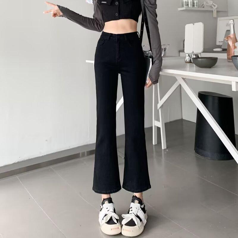 2024 Autumn/Winter Black High-Waist Plus Velvet Petite Micro Flare Jeans - Women s Slimming Loose Fit Extra Small