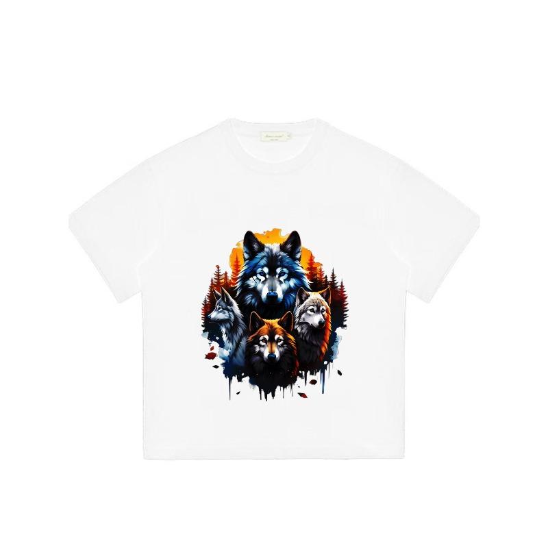Wolf Print T Shirt Black Four Wolves and Autumn Forest Design for Casual Wear
