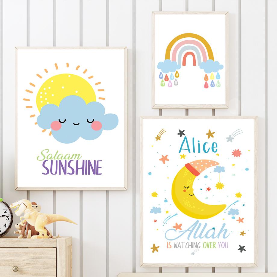 Islamische Alphabet-Zahlen, Regenbogen-Mond-Wandkunst, Leinwandgemälde, Name, individuelle Poster und Drucke, dekorative Bilder für Kinderzimmer