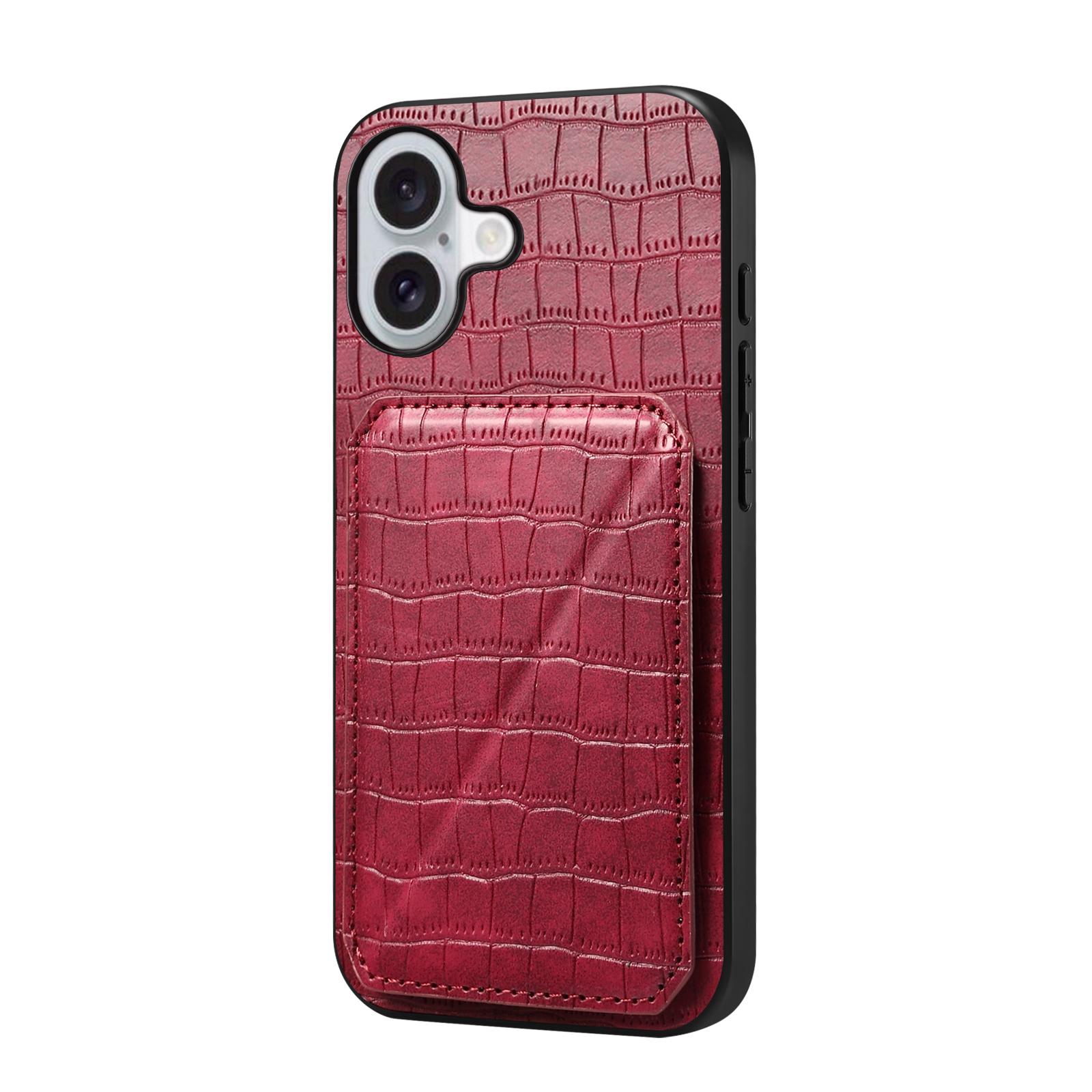 

For iPhone 17 Case with Card Holder Leather+PC+TPU Crocodile Textured Back Cover Rose