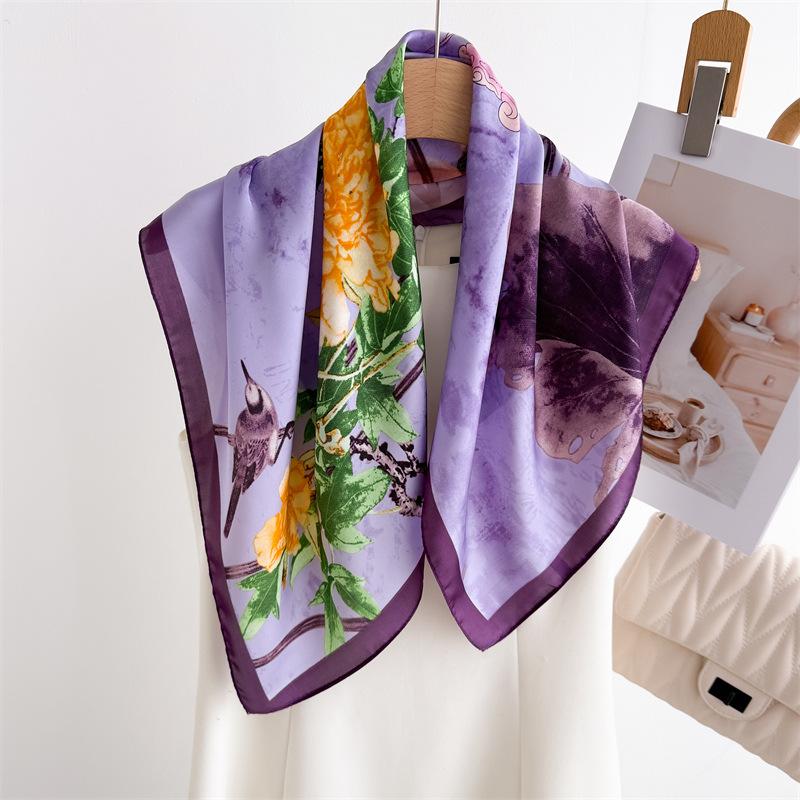National Style Ink And Wash Lotus Print Silk Scarf Square Scarf High-End Shawl Versatile Neck Small Square Scarf Headscarf