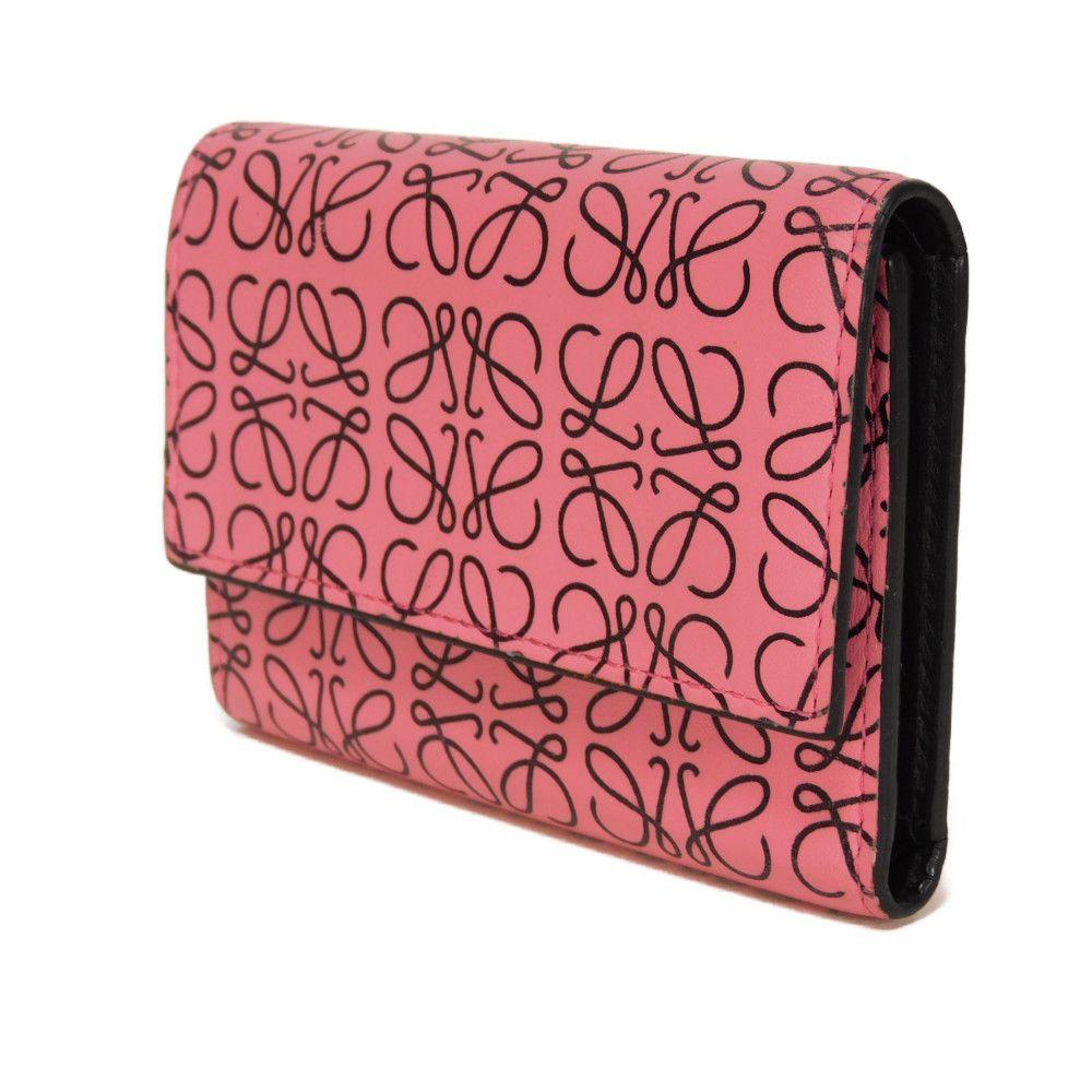 Used 12695 Small Vertical Trifold Wallet 107.55GS97 7942 Calfskin Black Repeat Anagram Pink Women's from Japan AUTHENTIC
