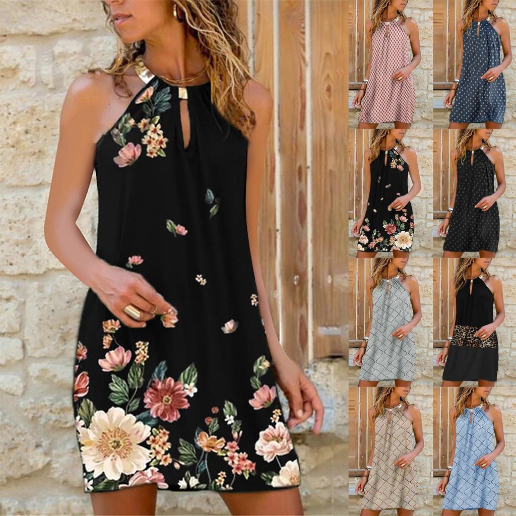 Women's Casual Fashion Metal Hanging Neck Leopard Print Sleeveless Dress