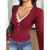 Women S V Neck Lace Trim Slim Fit Solid Long Sleeve T Shirt
