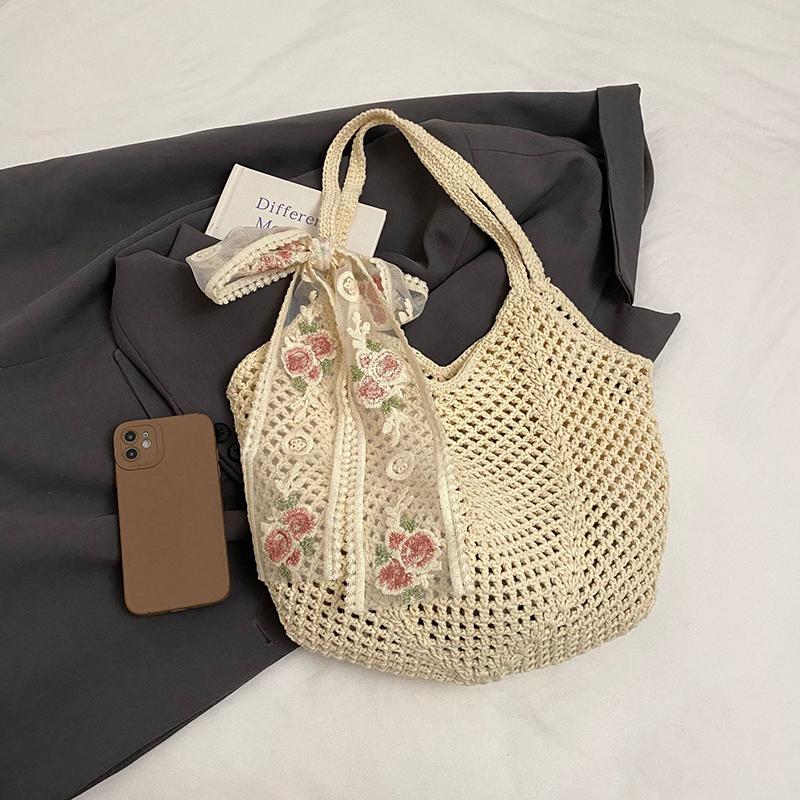 Yogodlns Solid Color Crochet Tote Handbag Summer Beach Scarf Decor Fashion Women's Mesh Woven Shoulder Bags Large Capacity Knitting Underarm Bag