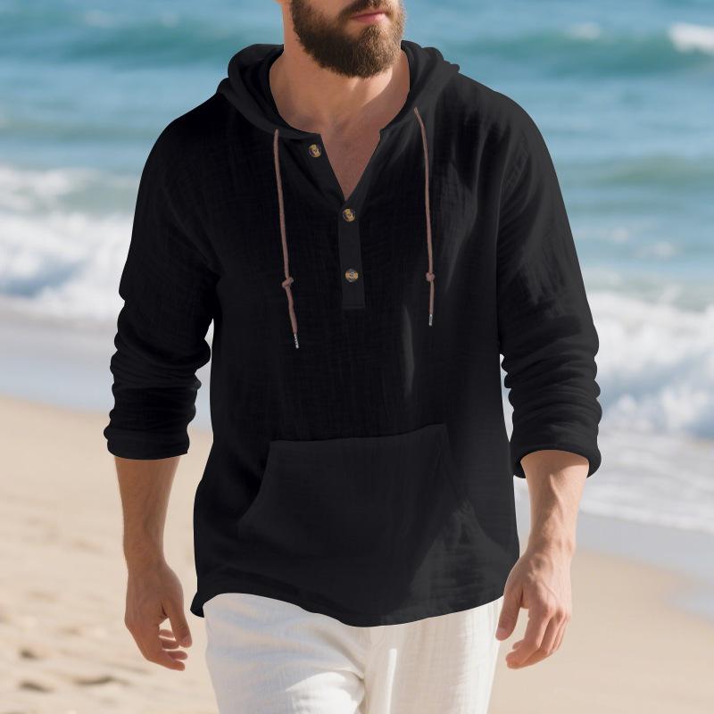Men's Autumn and Winter New Linen Men's Long-sleeved T-shirt Loose Casual Simple Trend Home Hooded Henry Shirt