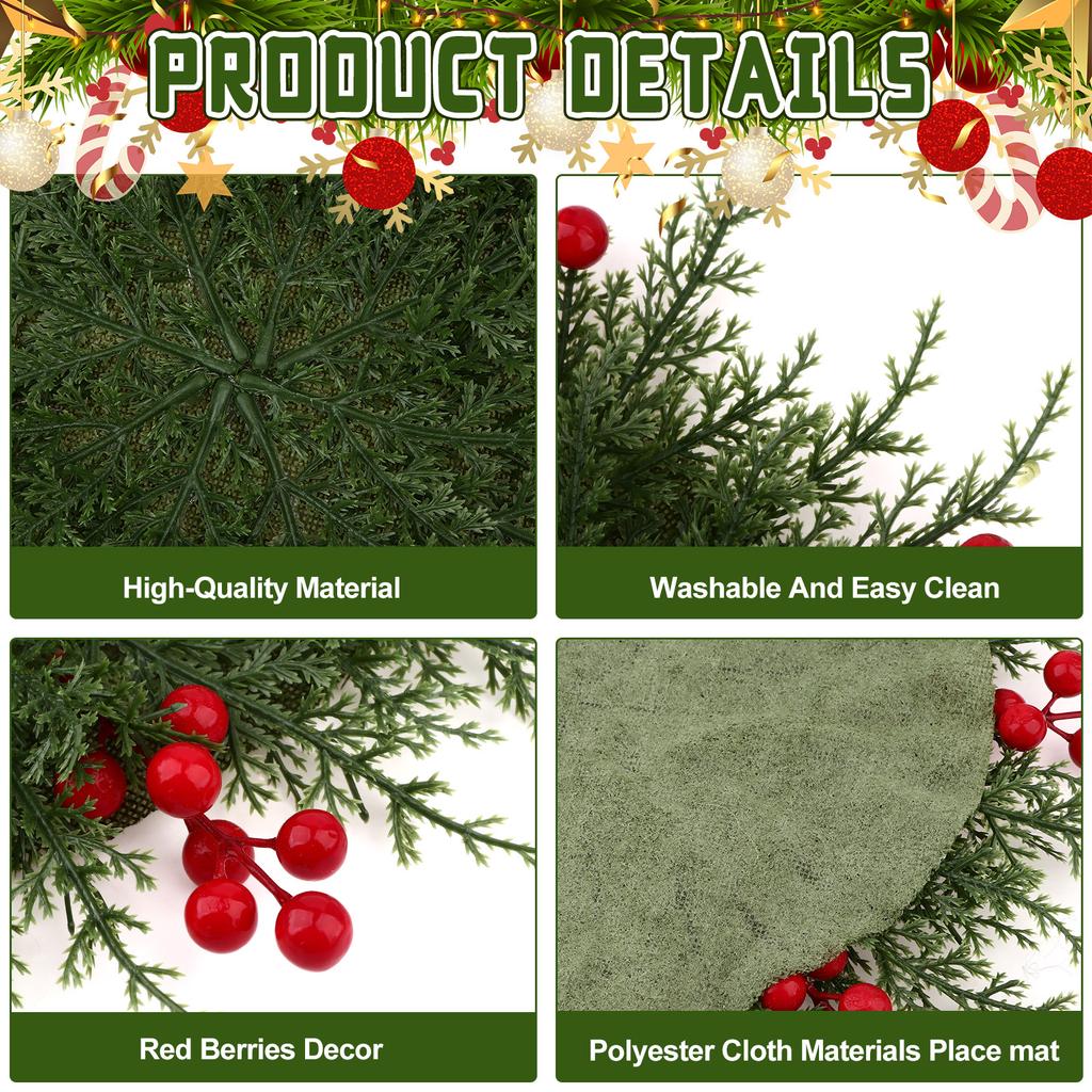6 Pcs 15.75 Inch Christmas Greenery Placemats Artificial Winter Pine Placemat Pinecone With Red Berries Cedar Branch Place Mat D