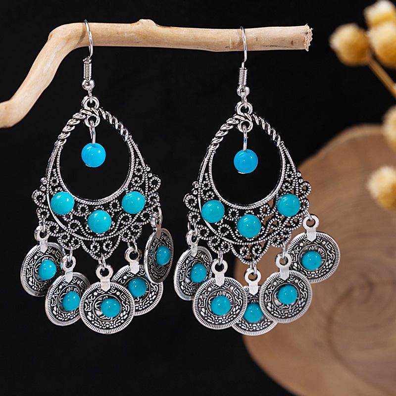 Bohemian Fringed Turquoise Earrings, Retro Minority Style Earrings, Personalized Temperament Earrings.