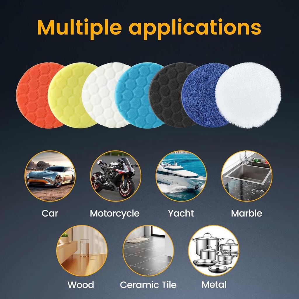 Buffing Polishing Pads 6 Inch - 7Pcs Foam Pad Kit with Hook and Loop for Car Buffer, Compound Cutting Sponge and Wool Polishing Pad Set for