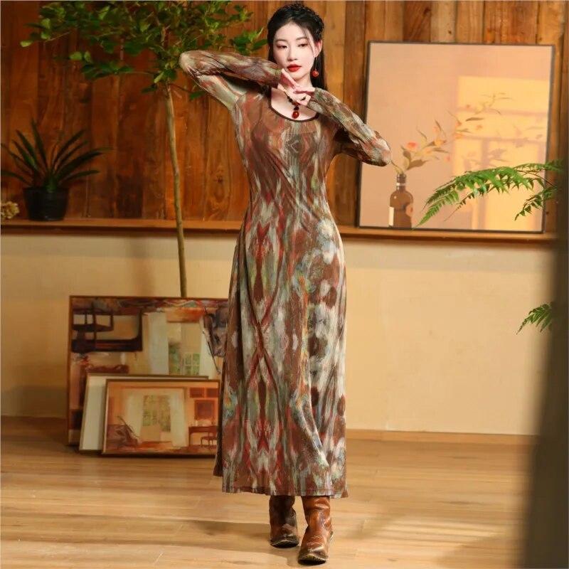 Johnature Femeie Primavara Casual Imprimeu Abstract Maneci Lungi Rochie Guler Patrat Rochie A-Line Stil Vintage