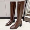 Comemore Black Thick Heels Knee High Boots for Women Autumn Winter Pu Leather Long Boots Woman Slip On Pointed Toe Botas Mujer