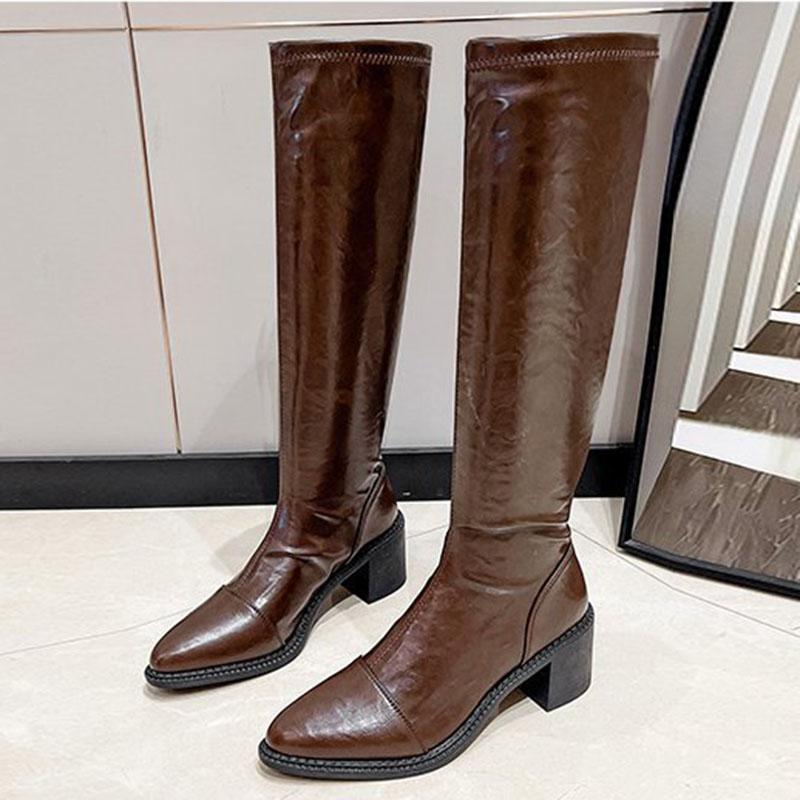 Fashion Comemore Black Thick Heels Knee High Boots for Women Autumn Winter Pu Leather Long Boots Woman Slip On Pointed Toe Botas Mujer