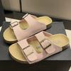 Fashion Slippers Leather Women Loafers Soft Wood Sole Clip-on Vulcanized Slides Women Eva Outsole Arch Support Loose-fit Slippers Woman