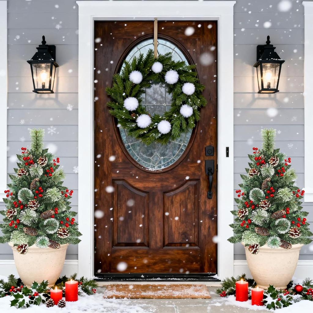 Outdoor Christmas Tree 2 Pack 33' with 50 Lights, 8 Modes Timer, Battery Operated, Pinecones & Berries for Yard, Porch, Planter