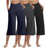 3 Pack Women Elastic High Waist 3/4 Pant Casual Active  Fit Wide Capris Leg Pants Trousers With Pockets